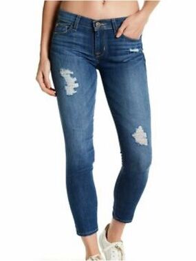 Hudson Women 26 Blue Week Wash Denim Distressed Krista Super Skinny Crop Jeans